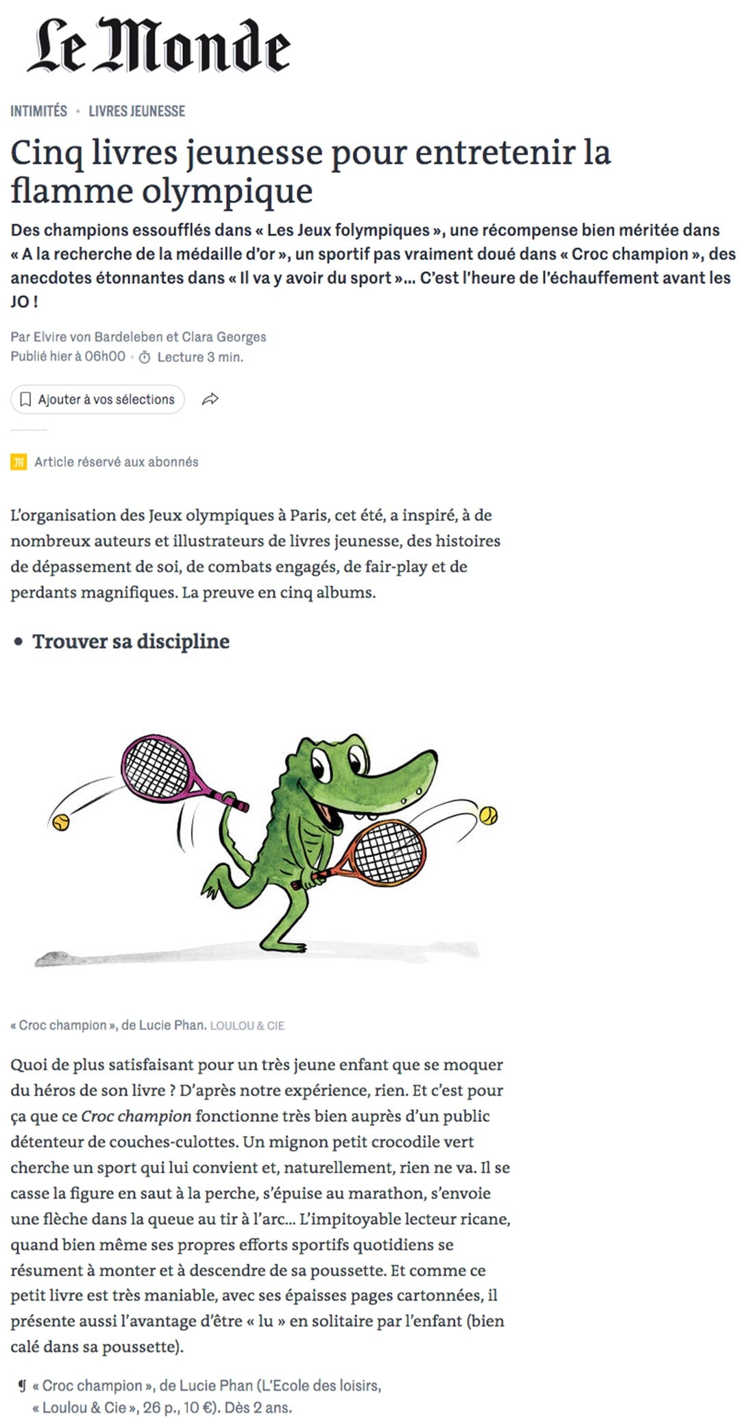 Le Monde, Cinq livres jeunesse pour entretenir la flamme olympique
